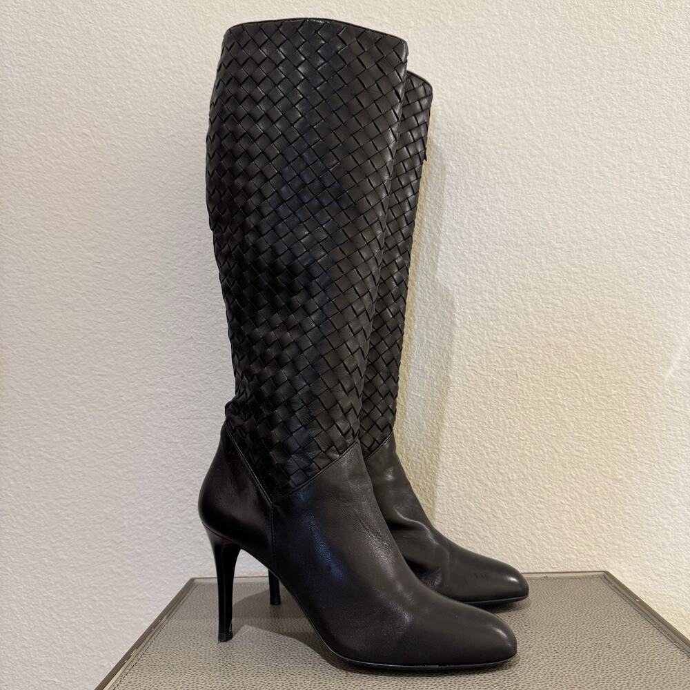 Cole Haan Genevieve Woven Leather Tall Boots Stiletto Heel Black size 9B